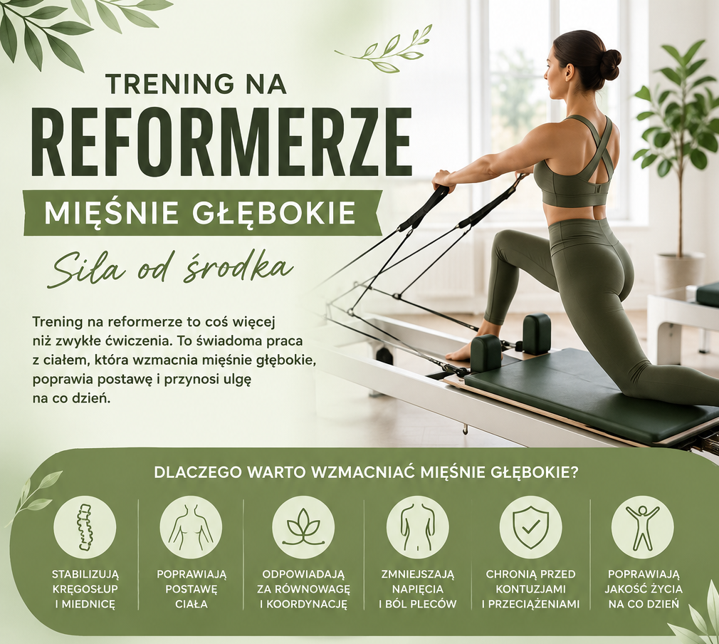 Instruktorka prowadzi trening Pilates na reformerach w studiu w Gdyni. Kameralne studio Pilates w Gdyni z nowoczesnymi reformerami do ćwiczeń. Kobieta wykonuje ćwiczenie na reformerze podczas indywidualnego treningu Pilates. Zajęcia grupowe Pilates na reformerach w Gdyni prowadzone przez certyfikowanego instruktora. Trening funkcjonalny w studiu Pilates w Gdyni z wykorzystaniem sprzętu treningowego. Ćwiczenia wzmacniające mięśnie głębokie podczas treningu Pilates Reformer. Indywidualny trening Pilates Reformer poprawiający postawę ciała i mobilność. Uczestnicy ćwiczą na reformerach w nowoczesnym studiu Pilates w Gdyni. Instruktor koryguje technikę ćwiczeń podczas treningu funkcjonalnego. Pilates na reformerach dla początkujących i zaawansowanych w Gdyni. Trening wzmacniający kręgosłup i mięśnie core na reformerze. Nowoczesne reformery przygotowane do zajęć Pilates w kameralnym studiu. Kobieta wykonuje ćwiczenia poprawiające elastyczność i stabilizację ciała. Trening funkcjonalny wspierający zdrowy kręgosłup, siłę i sprawność. Pilates Reformer pomagający zmniejszyć ból pleców i poprawić postawę. Profesjonalne studio Pilates w Gdyni oferujące treningi na reformerach. Ćwiczenia na reformerze zwiększające siłę, równowagę i zakres ruchu. Spokojna atmosfera podczas zajęć Pilates w studiu w Gdyni. Trening dla kobiet i mężczyzn na reformerach pod okiem instruktora. Pilates Reformer i trening funkcjonalny w Gdyni wspierające zdrowie oraz codzienną sprawność. Pierwsza lekcja Pilates na reformerze z indywidualnym dopasowaniem ćwiczeń. Ćwiczenia poprawiające mobilność, stabilizację i kontrolę ruchu. Studio Pilates w Gdyni oferujące treningi indywidualne i w małych grupach. Bezpieczny trening funkcjonalny dostosowany do poziomu zaawansowania uczestnika. Pilates na reformerach pomagający budować silne, zdrowe i sprawne ciało.